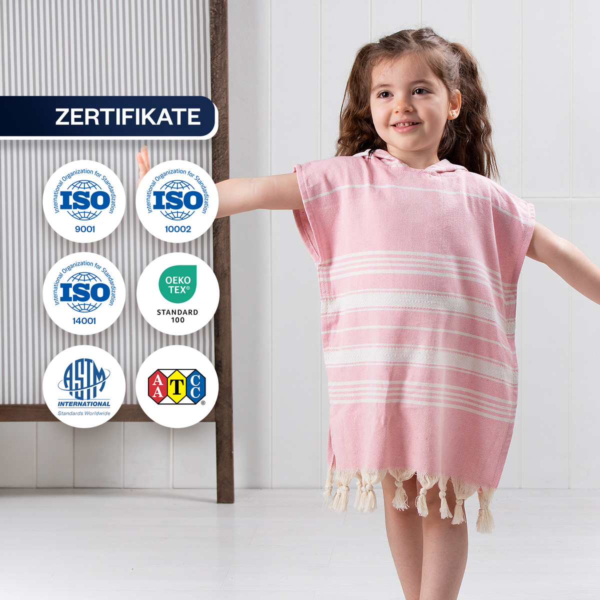 Kinder-Badeponcho aus 100% Baumwolle, Pestemal-Strandponcho in Rosa