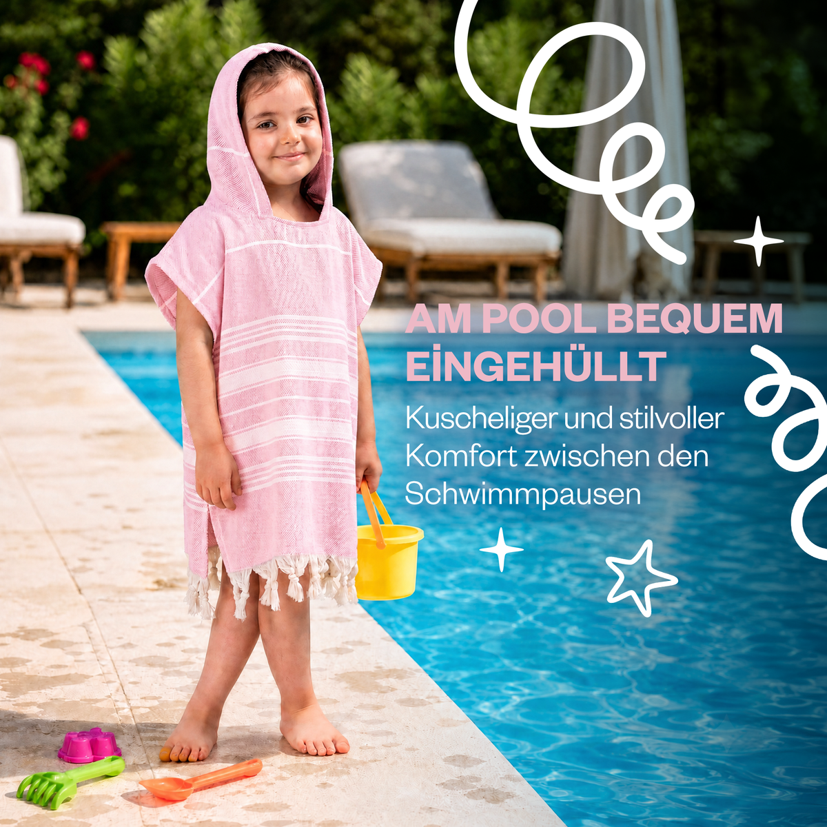 Kinder-Badeponcho aus 100% Baumwolle, Pestemal-Strandponcho in Rosa