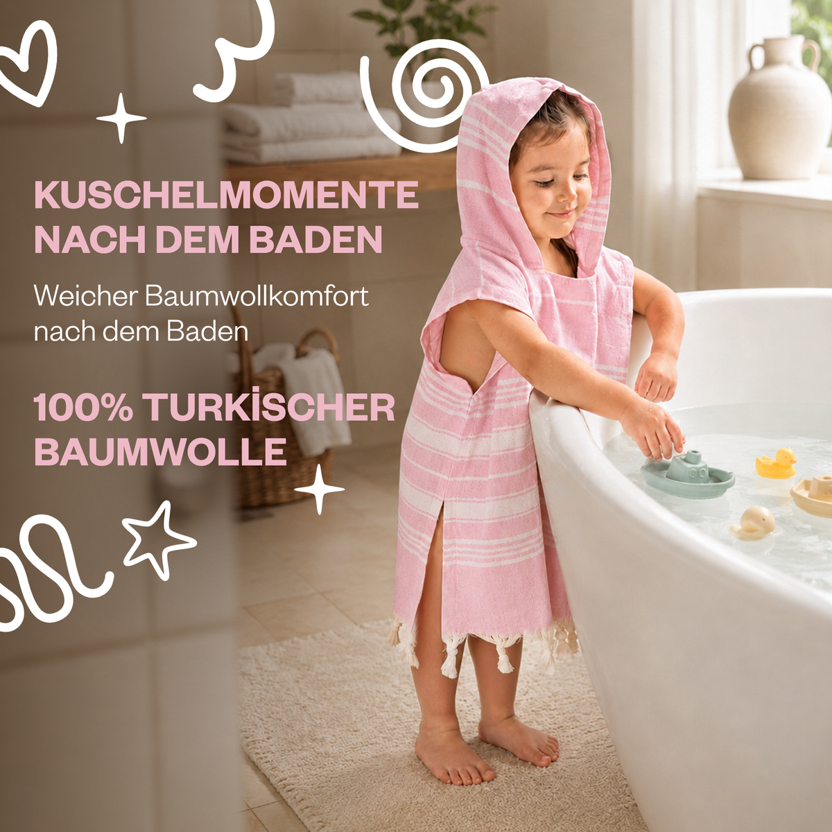 Kinder-Badeponcho aus 100% Baumwolle, Pestemal-Strandponcho in Rosa