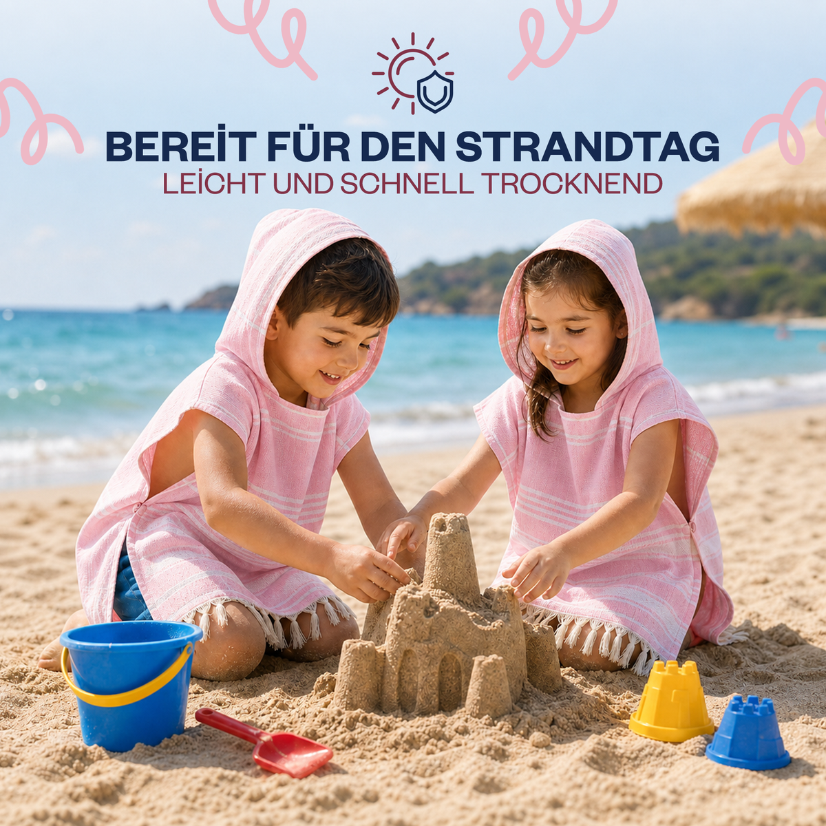 Kinder-Badeponcho aus 100% Baumwolle, Pestemal-Strandponcho in Rosa