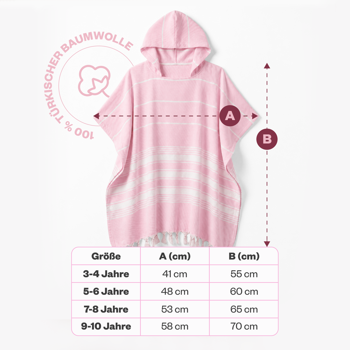 Kinder-Badeponcho aus 100% Baumwolle, Pestemal-Strandponcho in Rosa