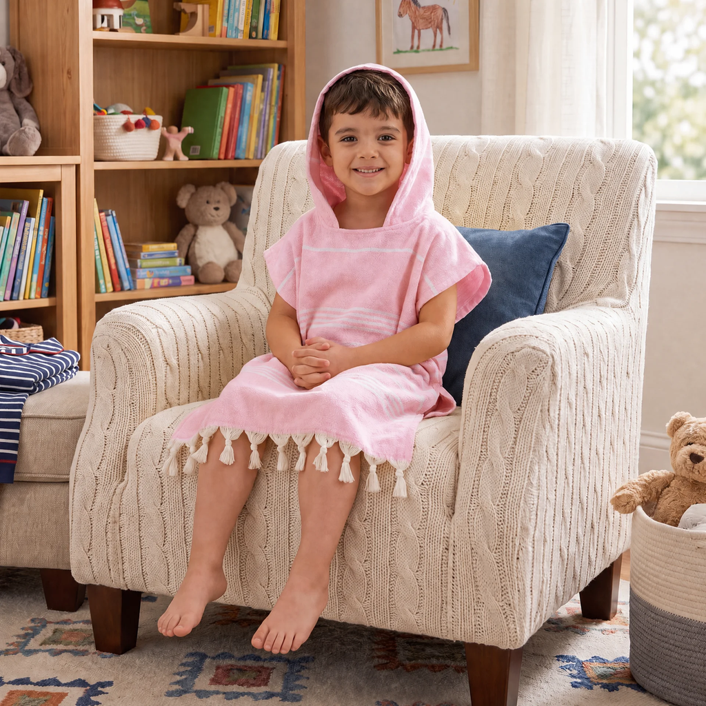 Kinder-Badeponcho aus 100% Baumwolle, Pestemal-Strandponcho in Rosa