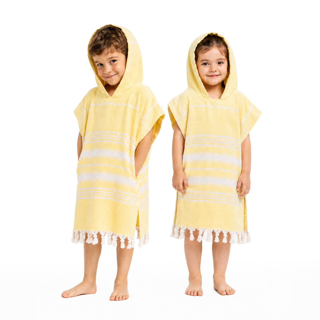 Kinder-Badeponcho aus 100% Baumwolle, Pestemal-Strandponcho in Gelb