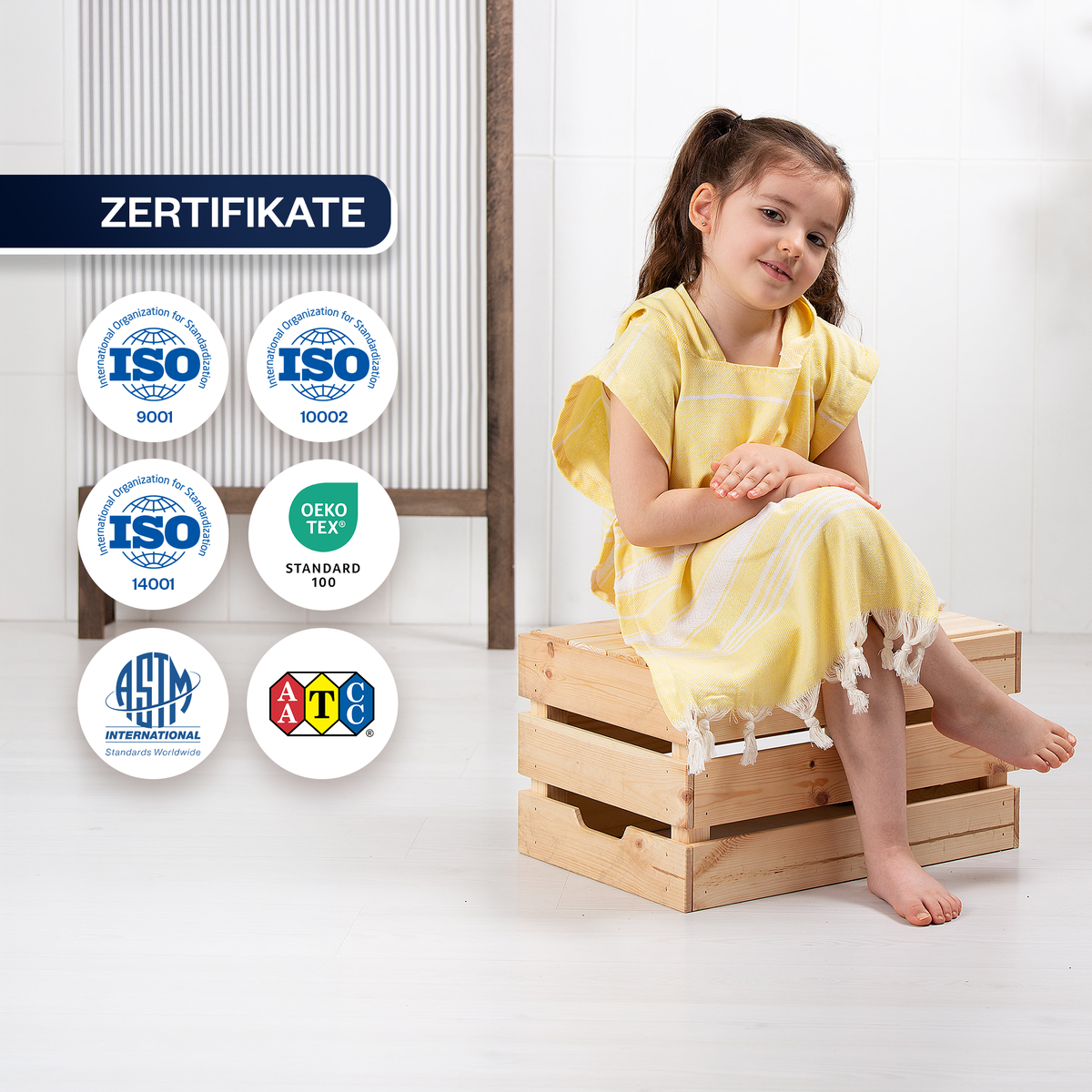 Kinder-Badeponcho aus 100% Baumwolle, Pestemal-Strandponcho in Gelb