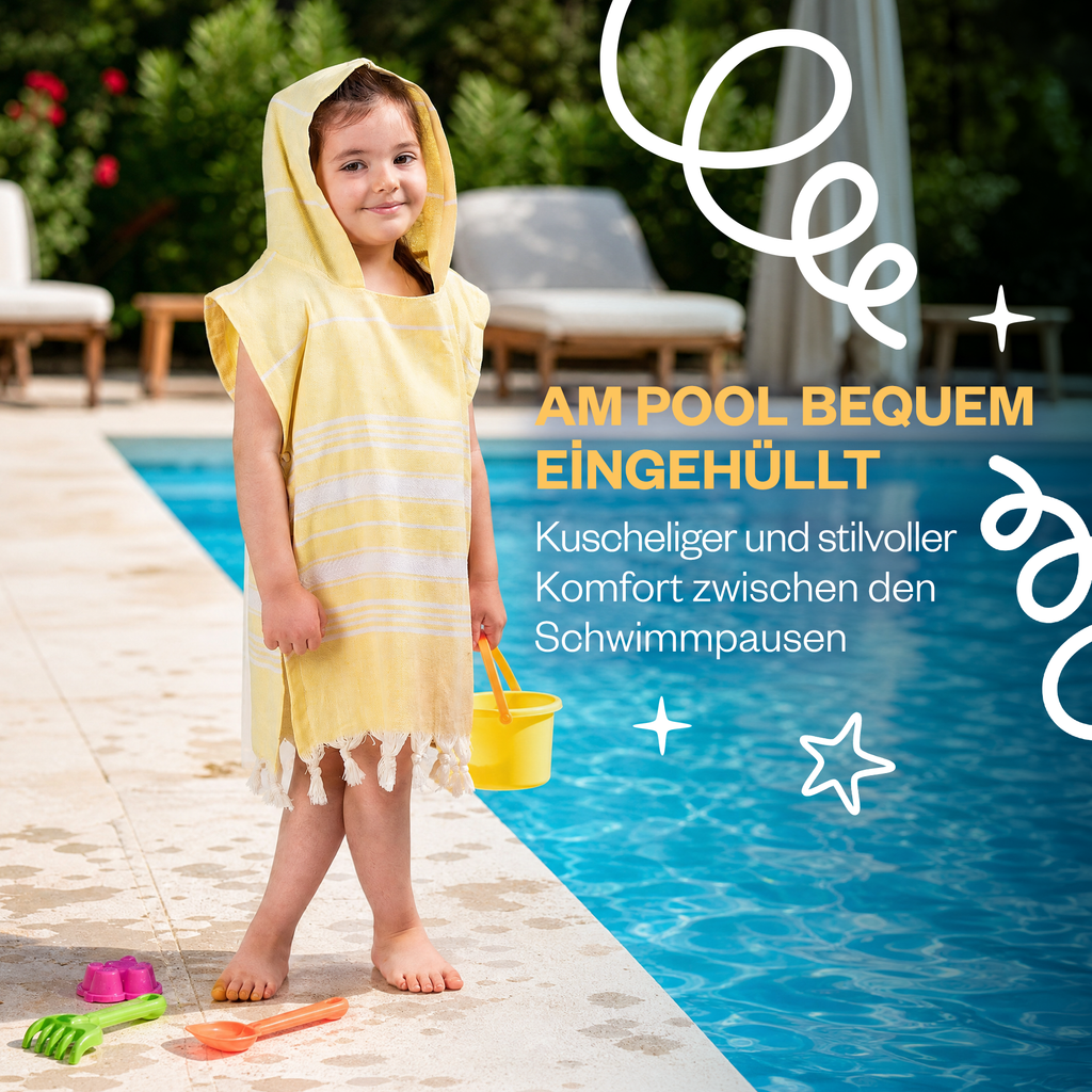 Kinder-Badeponcho aus 100% Baumwolle, Pestemal-Strandponcho in Gelb