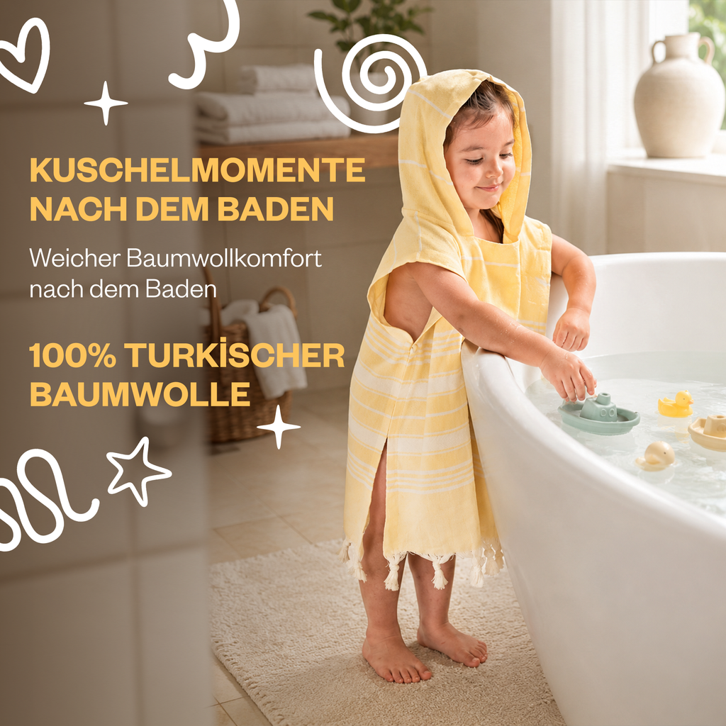 Kinder-Badeponcho aus 100% Baumwolle, Pestemal-Strandponcho in Gelb