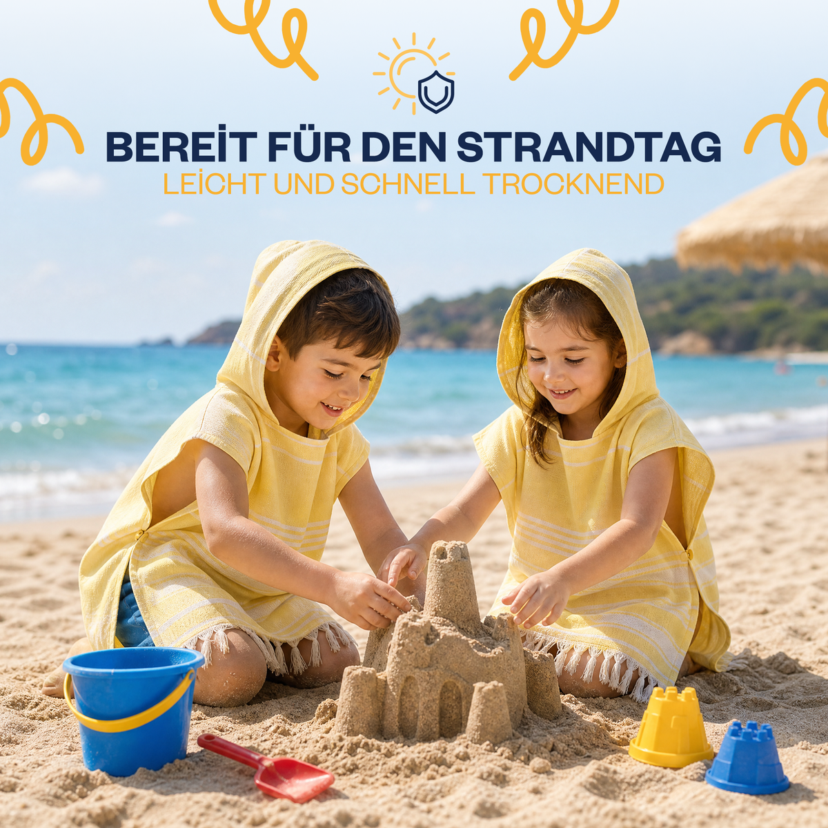 Kinder-Badeponcho aus 100% Baumwolle, Pestemal-Strandponcho in Gelb