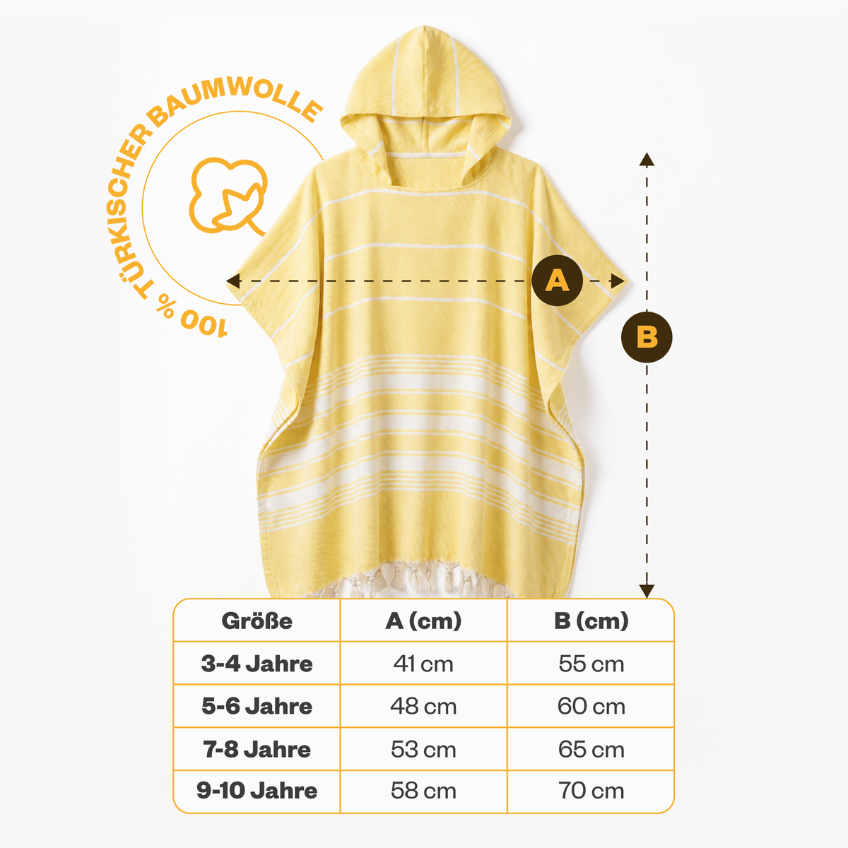 Kinder-Badeponcho aus 100% Baumwolle, Pestemal-Strandponcho in Gelb