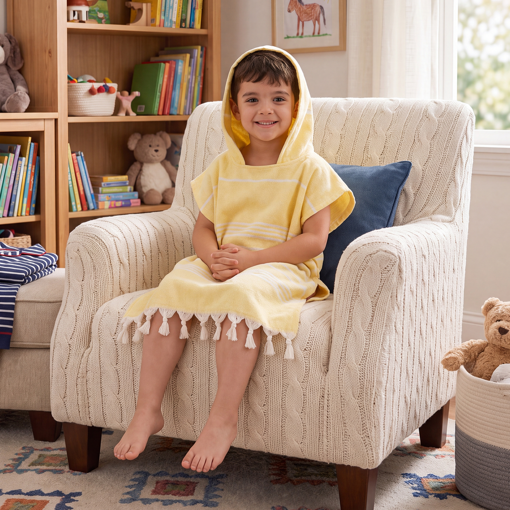 Kinder-Badeponcho aus 100% Baumwolle, Pestemal-Strandponcho in Gelb