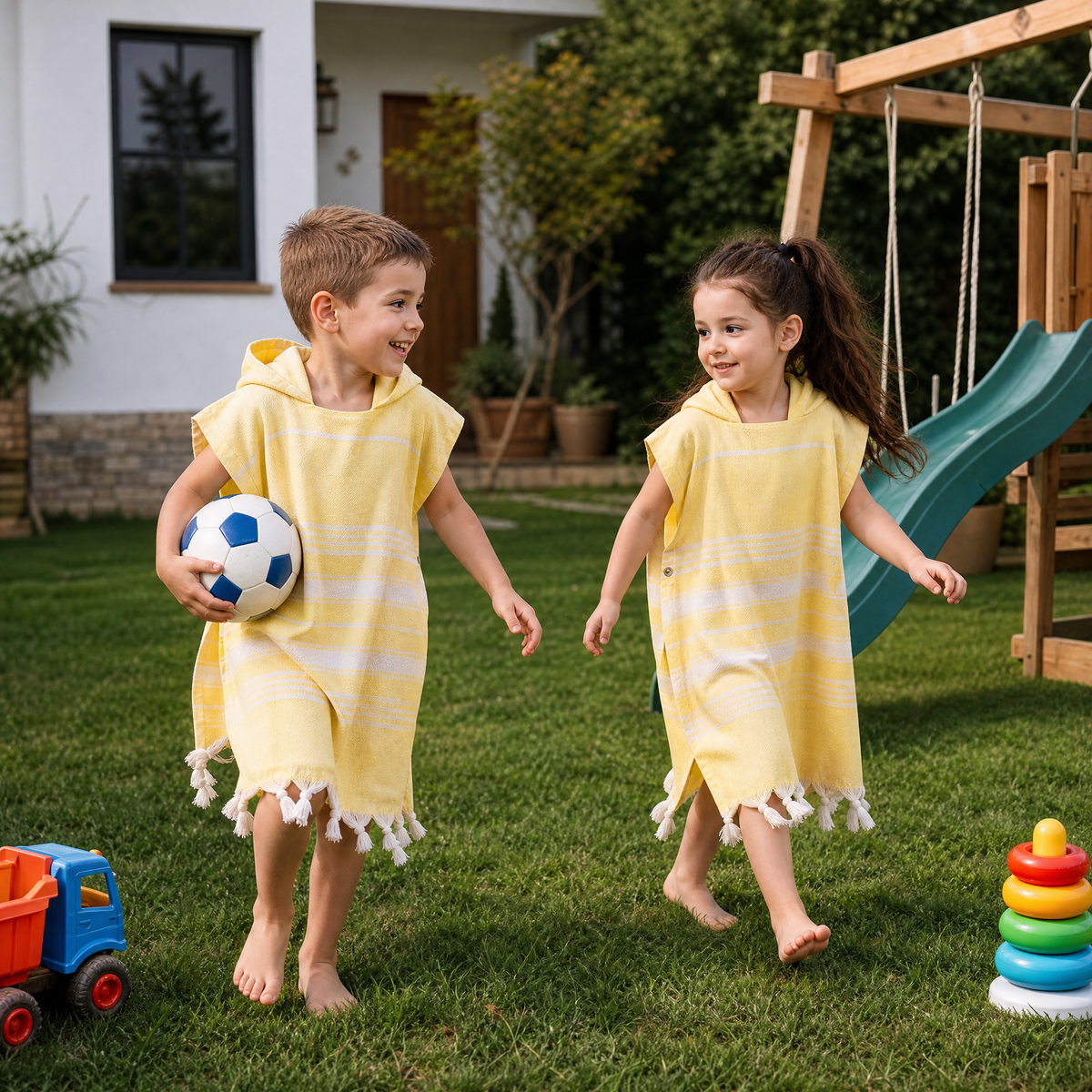 Kinder-Badeponcho aus 100% Baumwolle, Pestemal-Strandponcho in Gelb