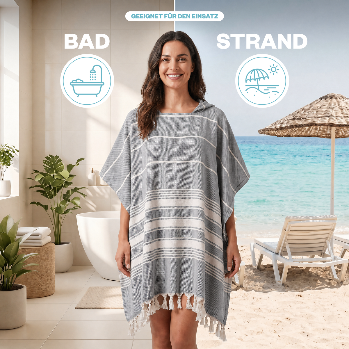 Badeponcho für Erwachsene aus 100% Baumwoll-Pestemal in Grau