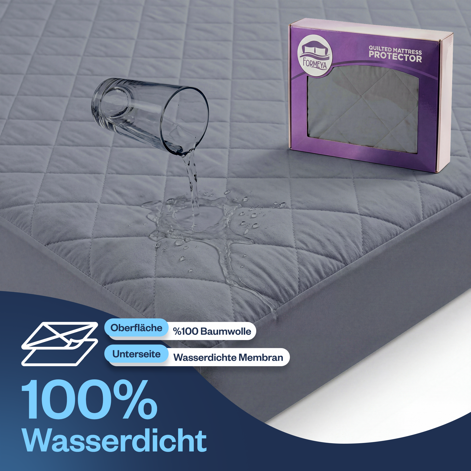 Wasserdichter gesteppter Matratzenschoner aus 100% Baumwolle, atmungsaktiv, Grau