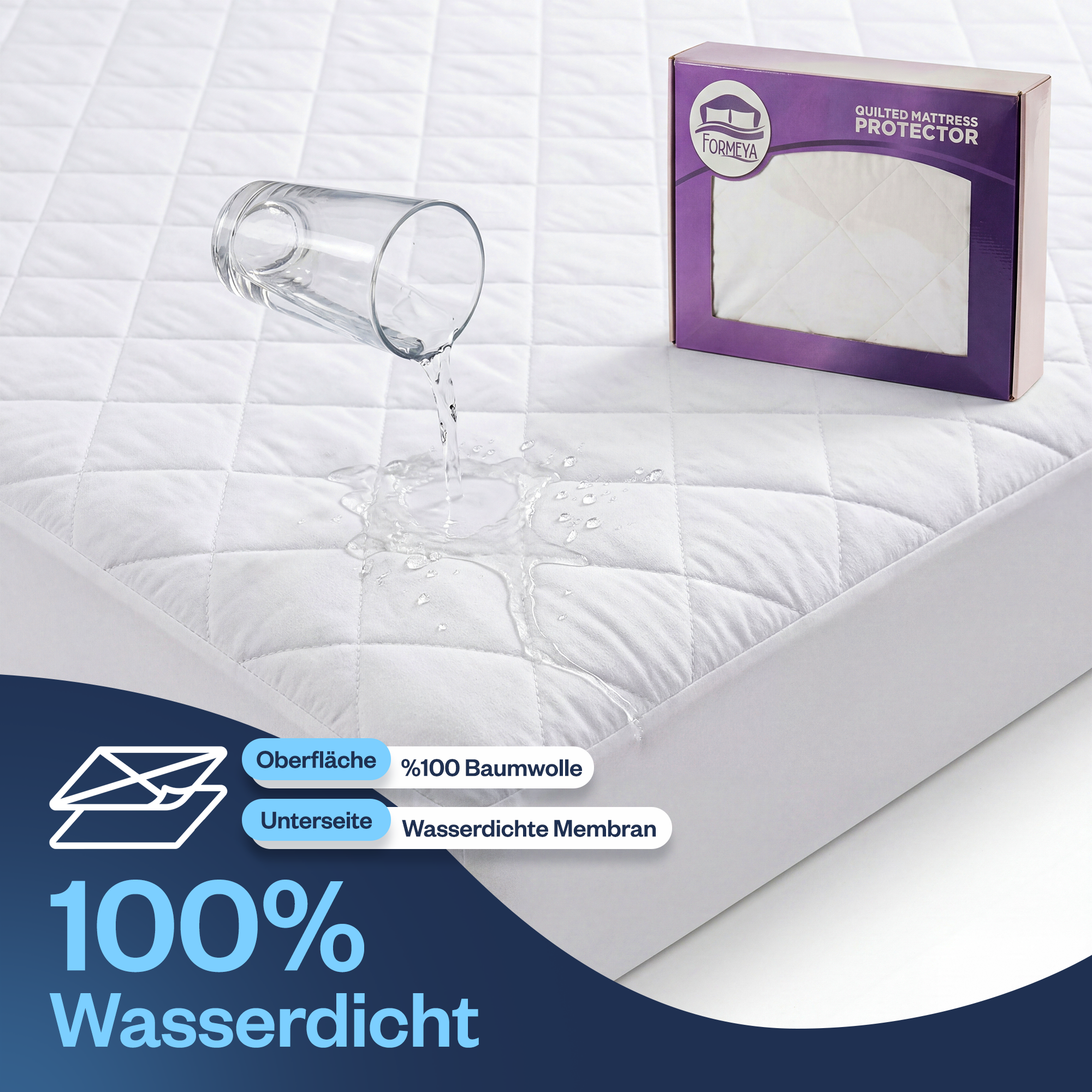 Wasserdichter gesteppter Matratzenschoner aus 100% Baumwolle, atmungsaktiv, Weiß