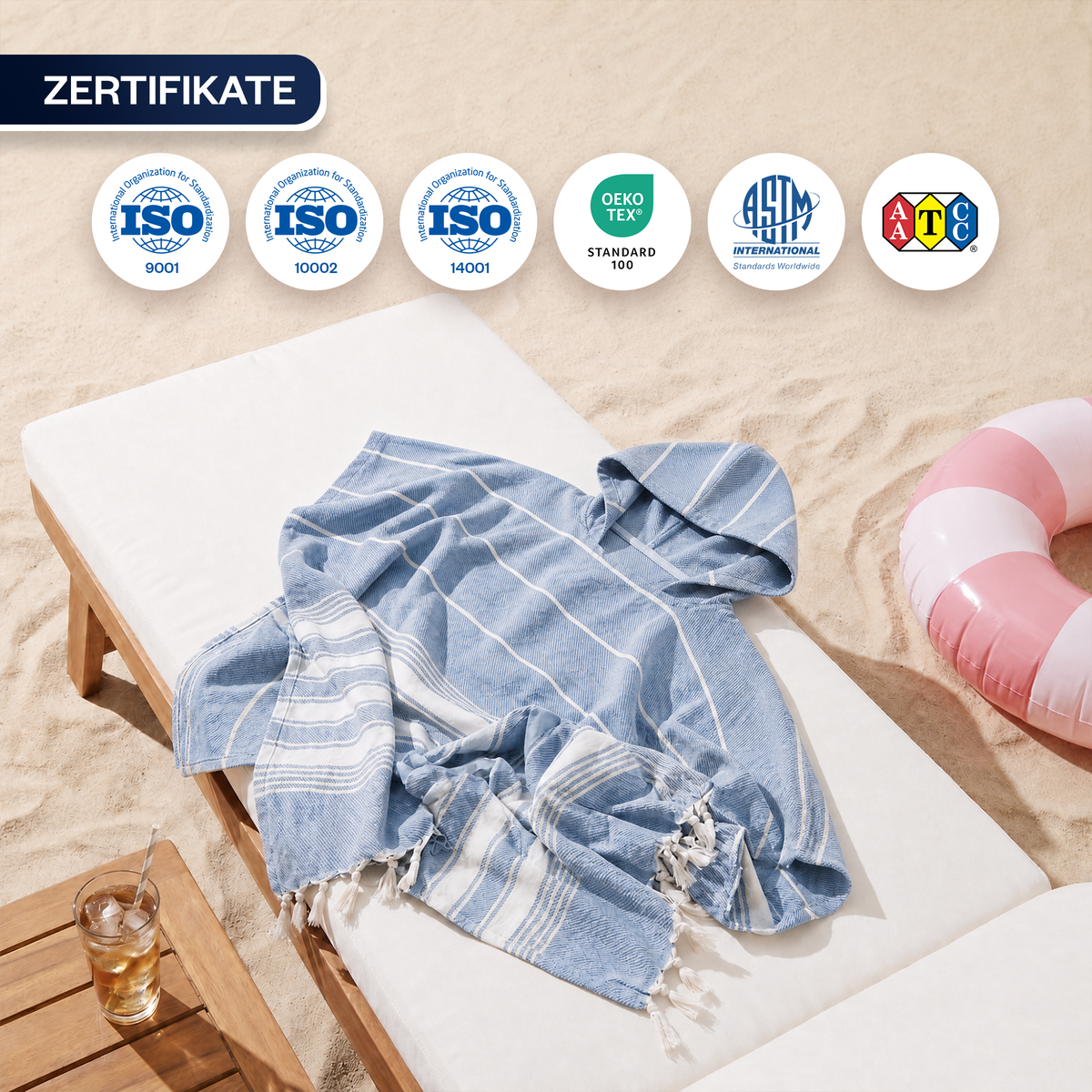 Badeponcho für Erwachsene aus 100% Baumwoll-Pestemal in Blau