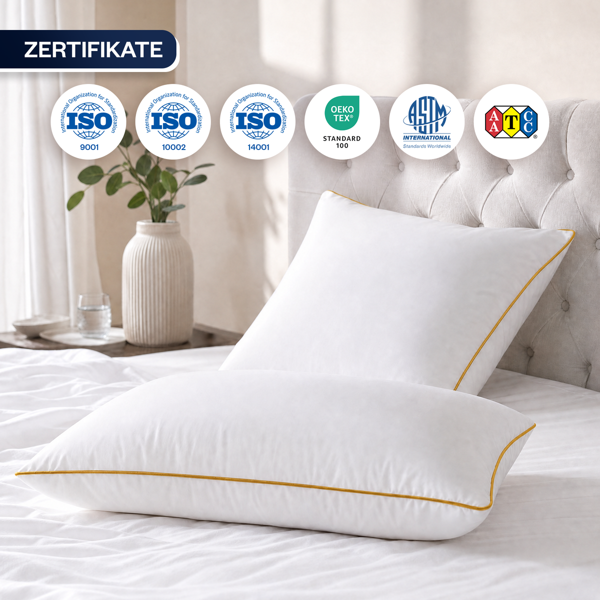 Climate Nano-Gel-Hotelkissen 50×70 cm mit Baumwolle | Gold-Paspel | 2er Set