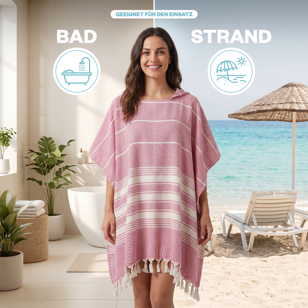Badeponcho für Erwachsene aus 100% Baumwoll-Pestemal in Rosa
