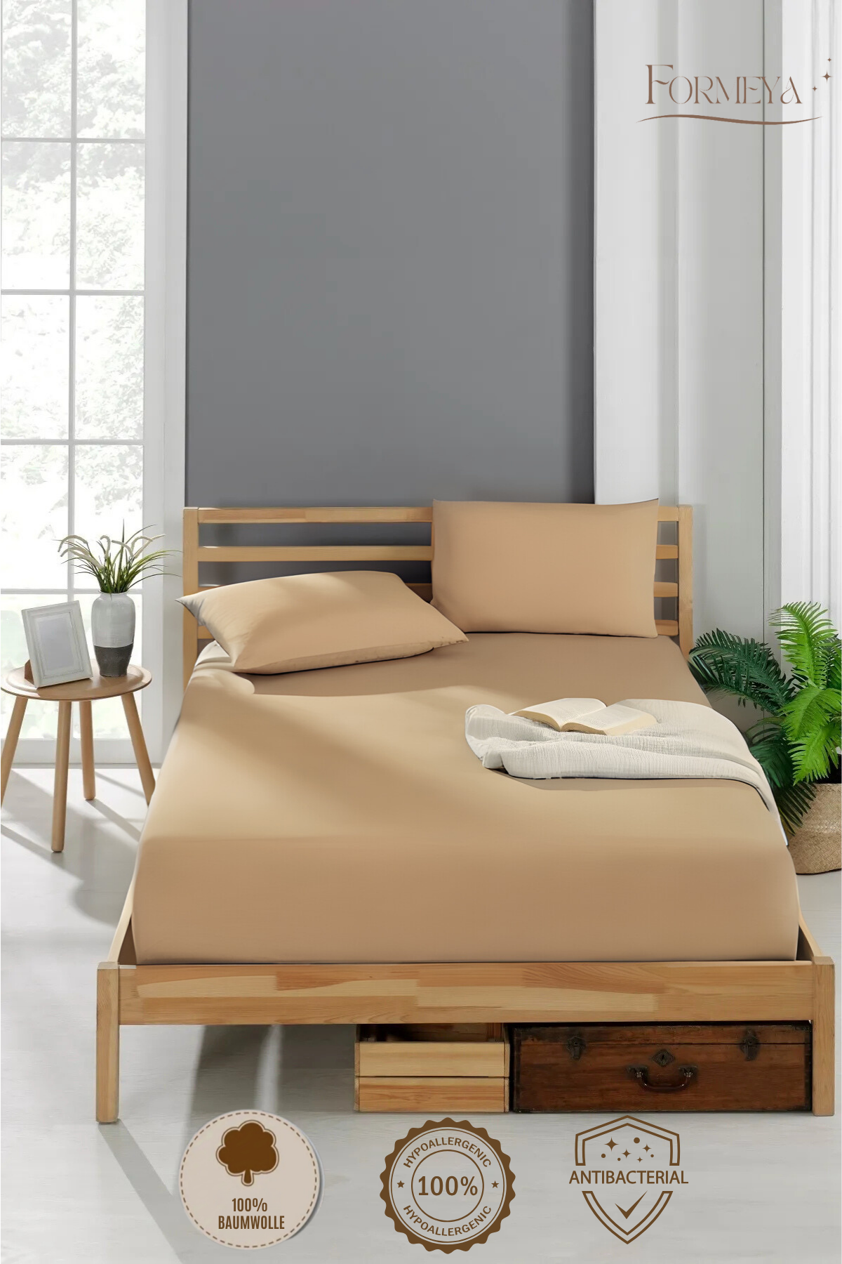 Spannbettlaken aus 100 % Baumwolle – atmungsaktiv & passgenau, Beige