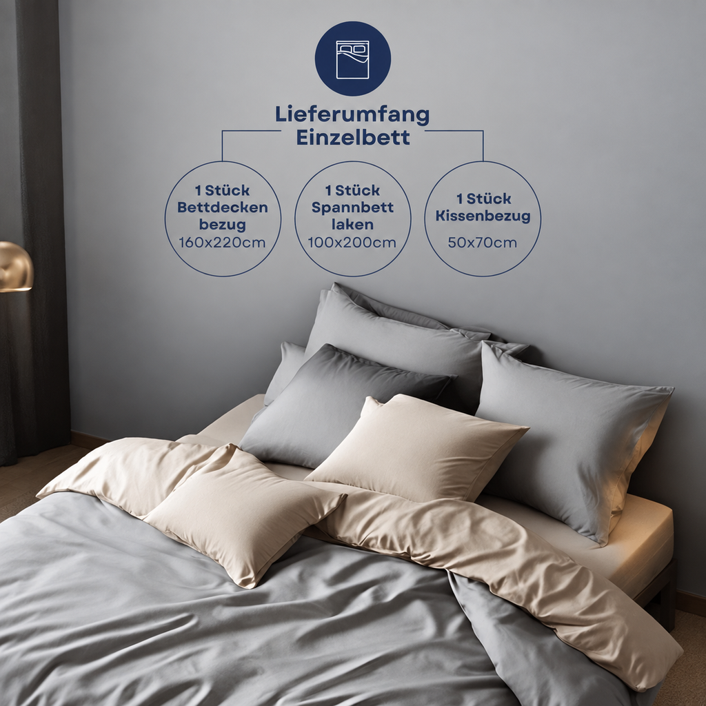 Lieferumfang Einzelbett: beiges Wendebettwäsche-Set mit Bettdeckenbezug, Spannbettlaken und Kissenbezug.