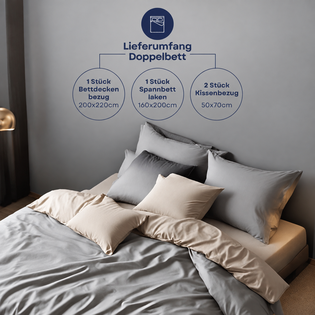 Lieferumfang Doppelbett: beiges Wendebettwäsche-Set mit Bettdeckenbezug, Spannbettlaken und zwei Kissenbezügen.