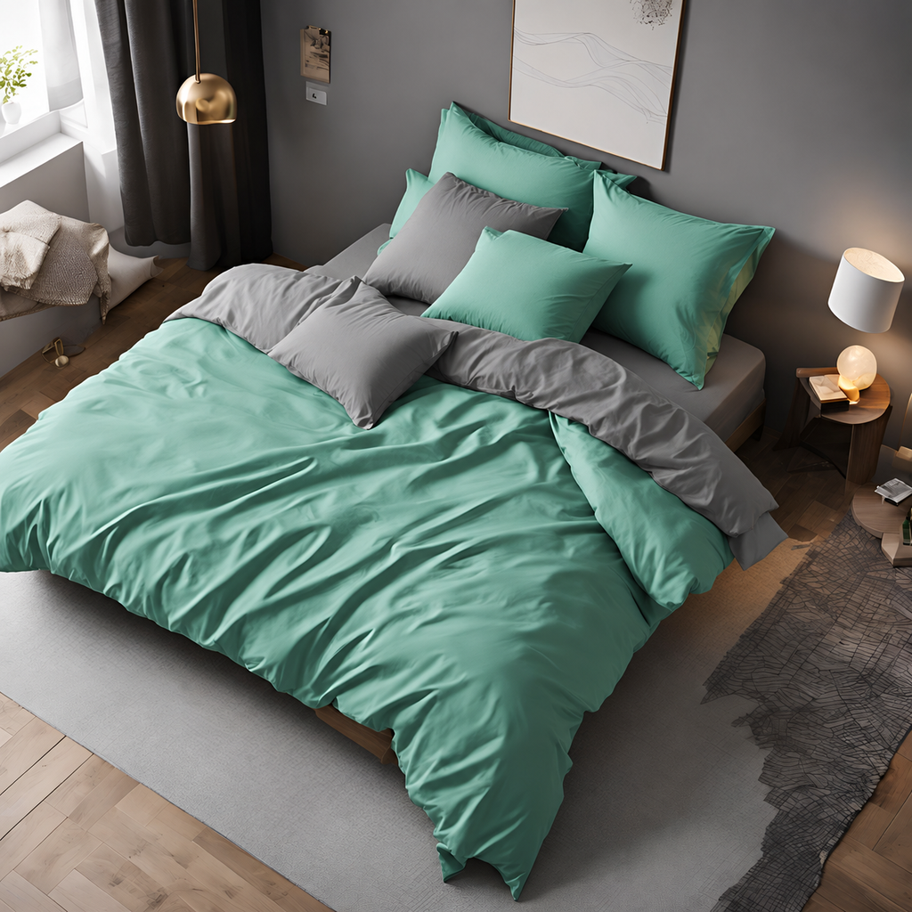 Grünes Wendebettwäsche-Set auf einem Doppelbett mit grauer Rückseite und passenden Kissen in einem modernen Schlafzimmer.