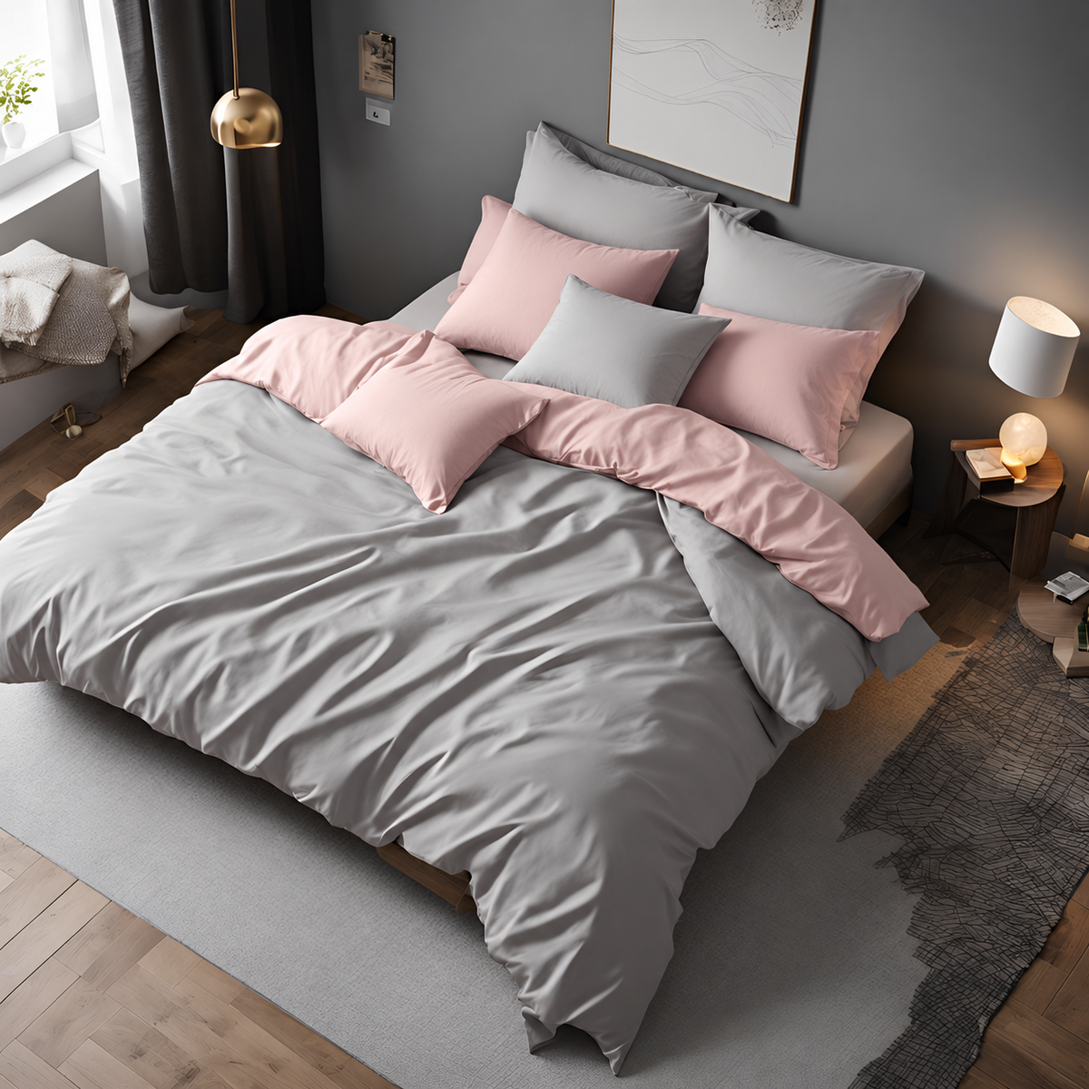 Rosafarbenes Wendebettwäsche-Set auf einem Doppelbett mit grauer Rückseite und Kissen im modernen Schlafzimmer.