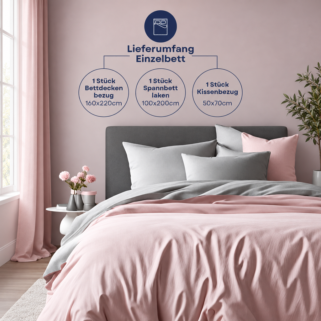 Lieferumfang Einzelbett: rosafarbenes Wendebettwäsche-Set mit Bettdeckenbezug, Spannbettlaken und Kissenbezug.
