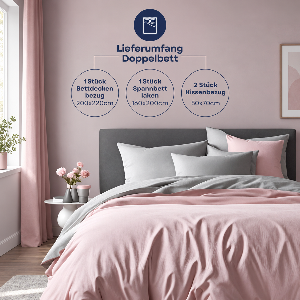 Lieferumfang Doppelbett: rosafarbenes Wendebettwäsche-Set mit Bettdeckenbezug, Spannbettlaken und zwei Kissenbezügen.