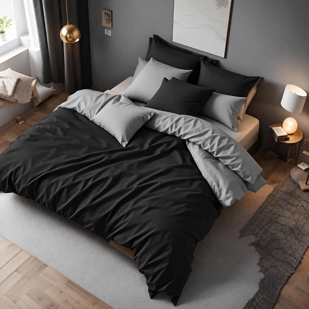 Schwarzes Wendebettwäsche-Set auf einem Doppelbett mit grauer Rückseite und passenden Kissen in einem modernen Schlafzimmer.