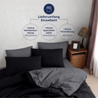 Lieferumfang Einzelbett: schwarzes Wendebettwäsche-Set mit Bettdeckenbezug, Spannbettlaken und Kissenbezug.