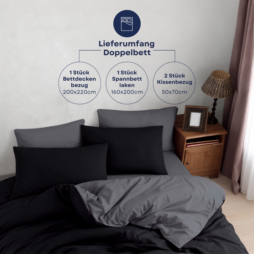 Lieferumfang Doppelbett: schwarzes Wendebettwäsche-Set mit Bettdeckenbezug, Spannbettlaken und zwei Kissenbezügen.