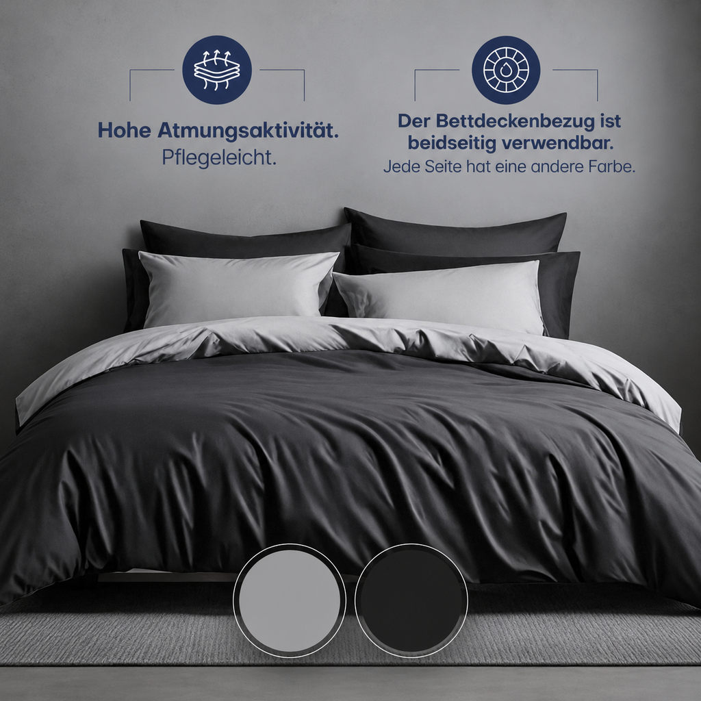 Schwarzes Wendebettwäsche-Set mit grauer Rückseite, beidseitig verwendbar, atmungsaktiv und pflegeleicht.