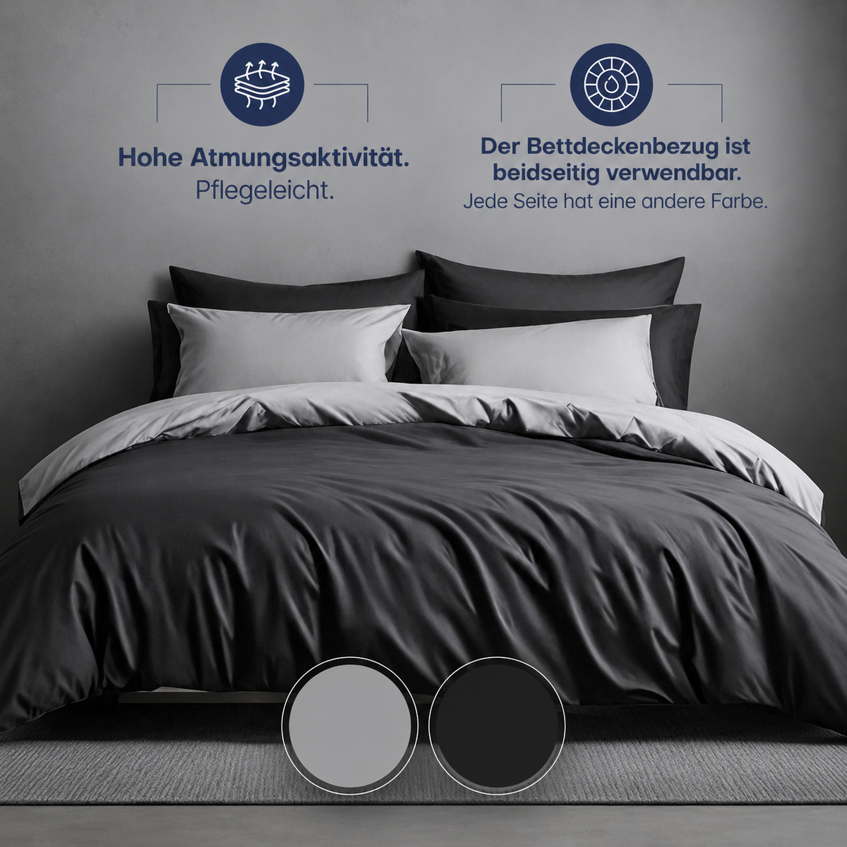 Schwarzes Wendebettwäsche-Set mit grauer Rückseite, beidseitig verwendbar, atmungsaktiv und pflegeleicht.