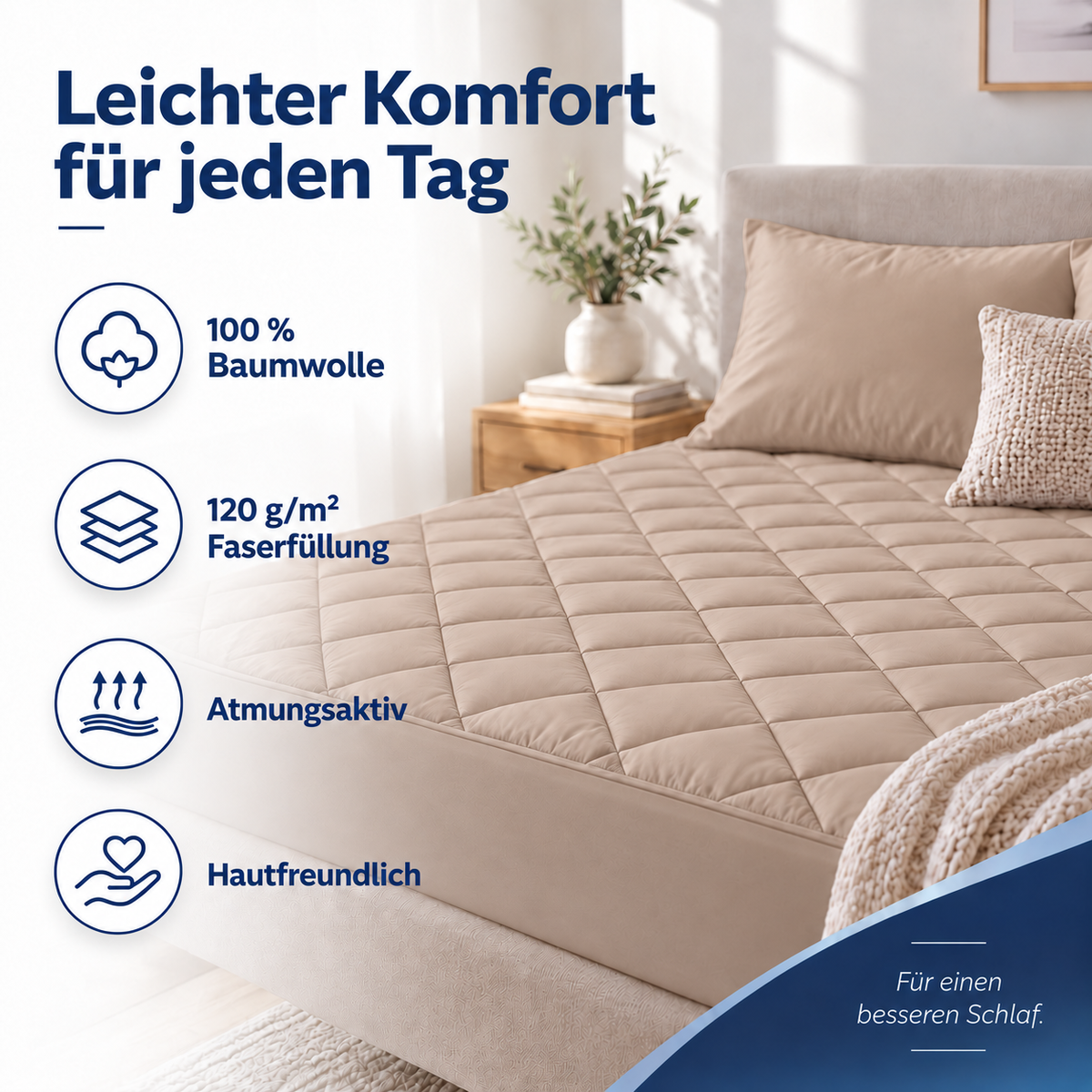 Gesteppter Bettschutz aus 100 % Baumwolle – Atmungsaktiv, Hygienisch – Braun