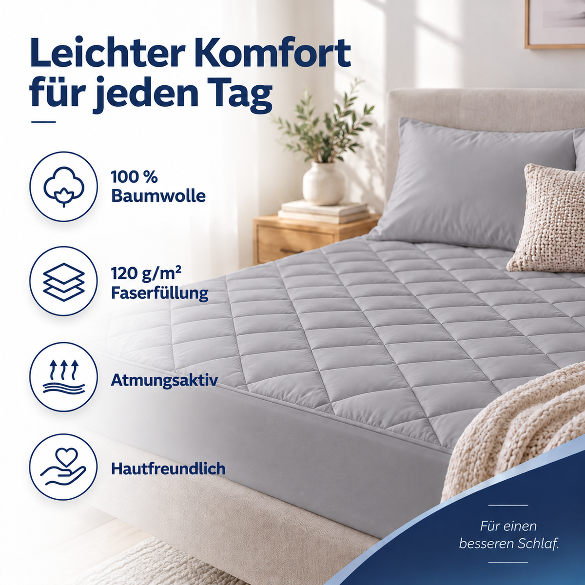 Gesteppter Bettschutz aus 100 % Baumwolle – Atmungsaktiv, Hygienisch – Grau