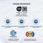 Matratzenschoner Zertifikate: Oeko-Tex, ISO 9001, ISO 10002, ISO 14001, ASTM und AATCC Logos.