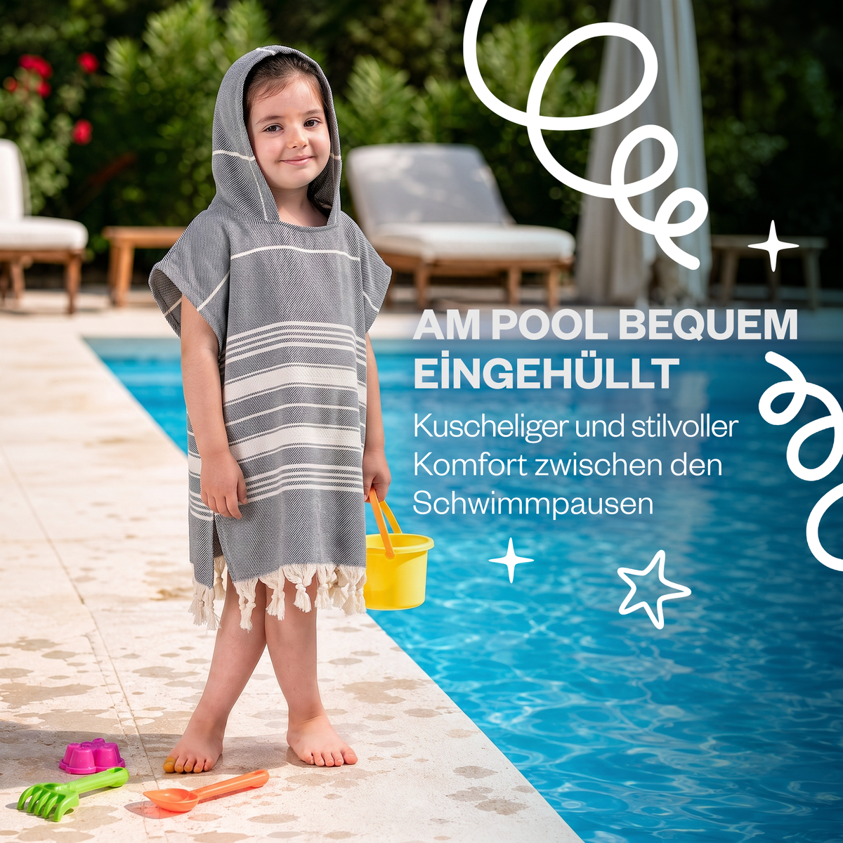 Kinder-Badeponcho aus 100% Baumwolle, Pestemal-Strandponcho in Grau