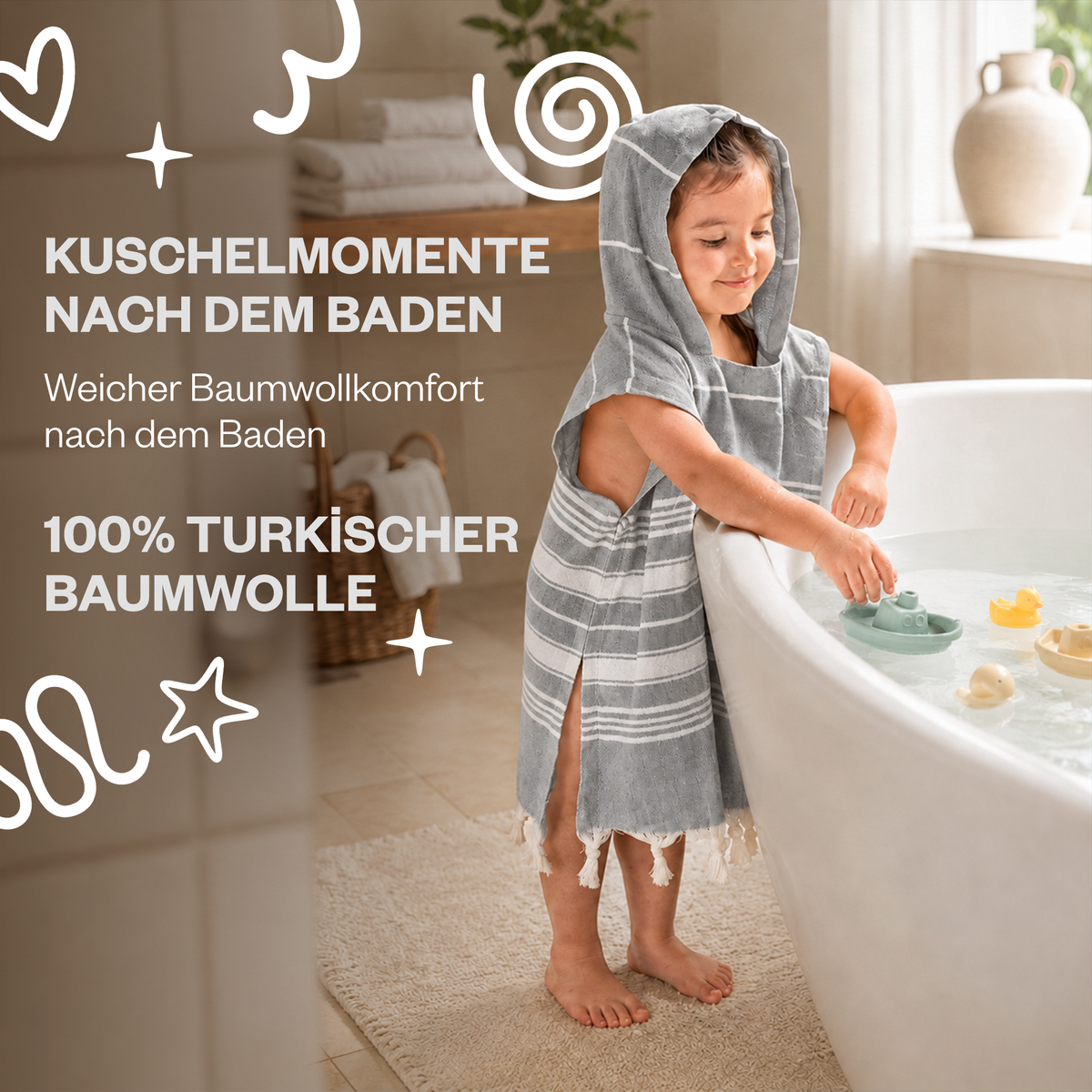 Kinder-Badeponcho aus 100% Baumwolle, Pestemal-Strandponcho in Grau