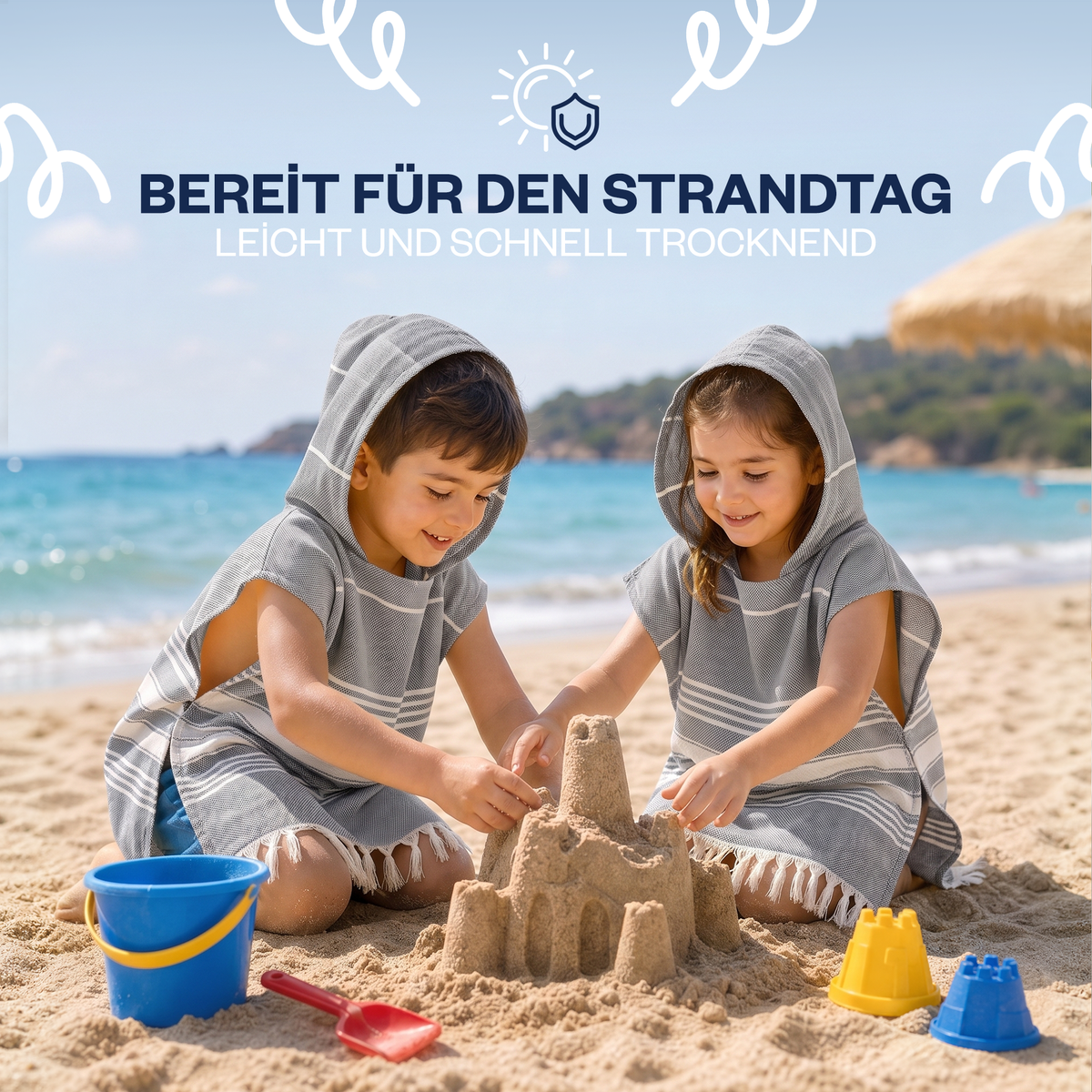 Kinder-Badeponcho aus 100% Baumwolle, Pestemal-Strandponcho in Grau