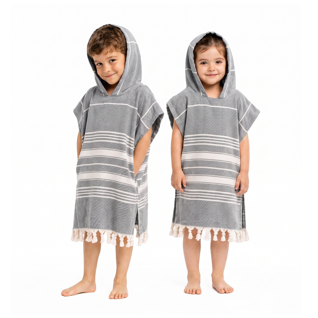 Kinder-Badeponcho aus 100% Baumwolle, Pestemal-Strandponcho in Grau