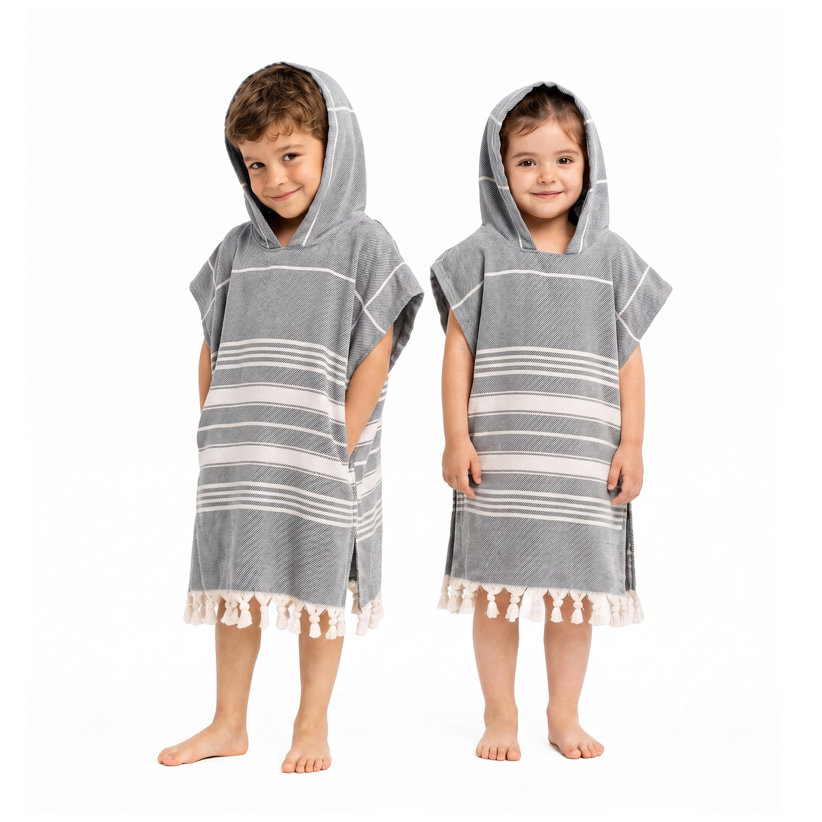 Kinder-Badeponcho aus 100% Baumwolle, Pestemal-Strandponcho in Grau