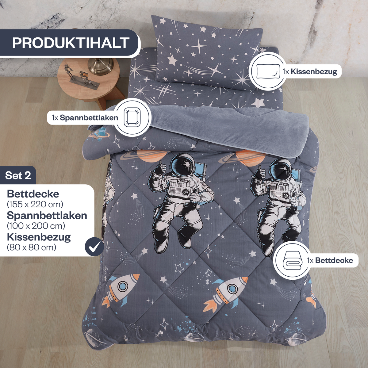 Kinder-Schlafset aus Wellsoft mit Astronautenmuster, 3-teilig