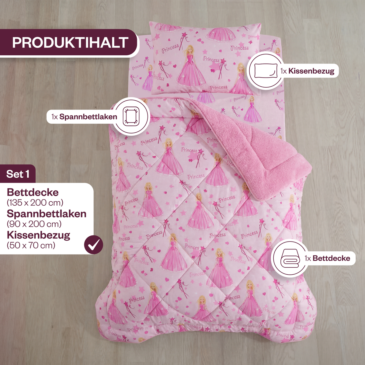 Kinder-Schlafset aus Wellsoft mit Prinzessinnenmuster, 3-teilig