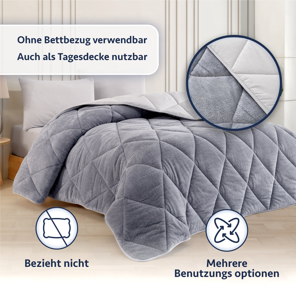 Wellsoft Steppdecke - Graue, doppelseitige Steppdecke auf einem Bett, Detailansicht der Textur und vielseitige Nutzung.