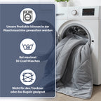 Wellsoft Steppdecke - Graue Steppdecke in einer Waschmaschine, daneben Pflegehinweise für einfache Reinigung bei 30 Grad.