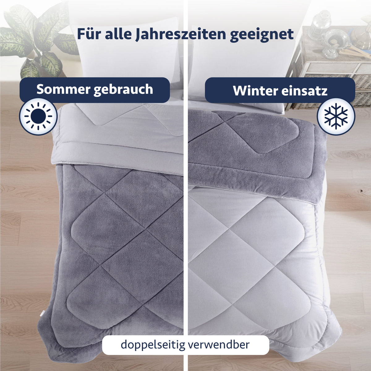 Doppelseitige graue Steppdecke auf einem Bett, die Sommer- und Winternutzung mit unterschiedlichen Seiten zeigt.