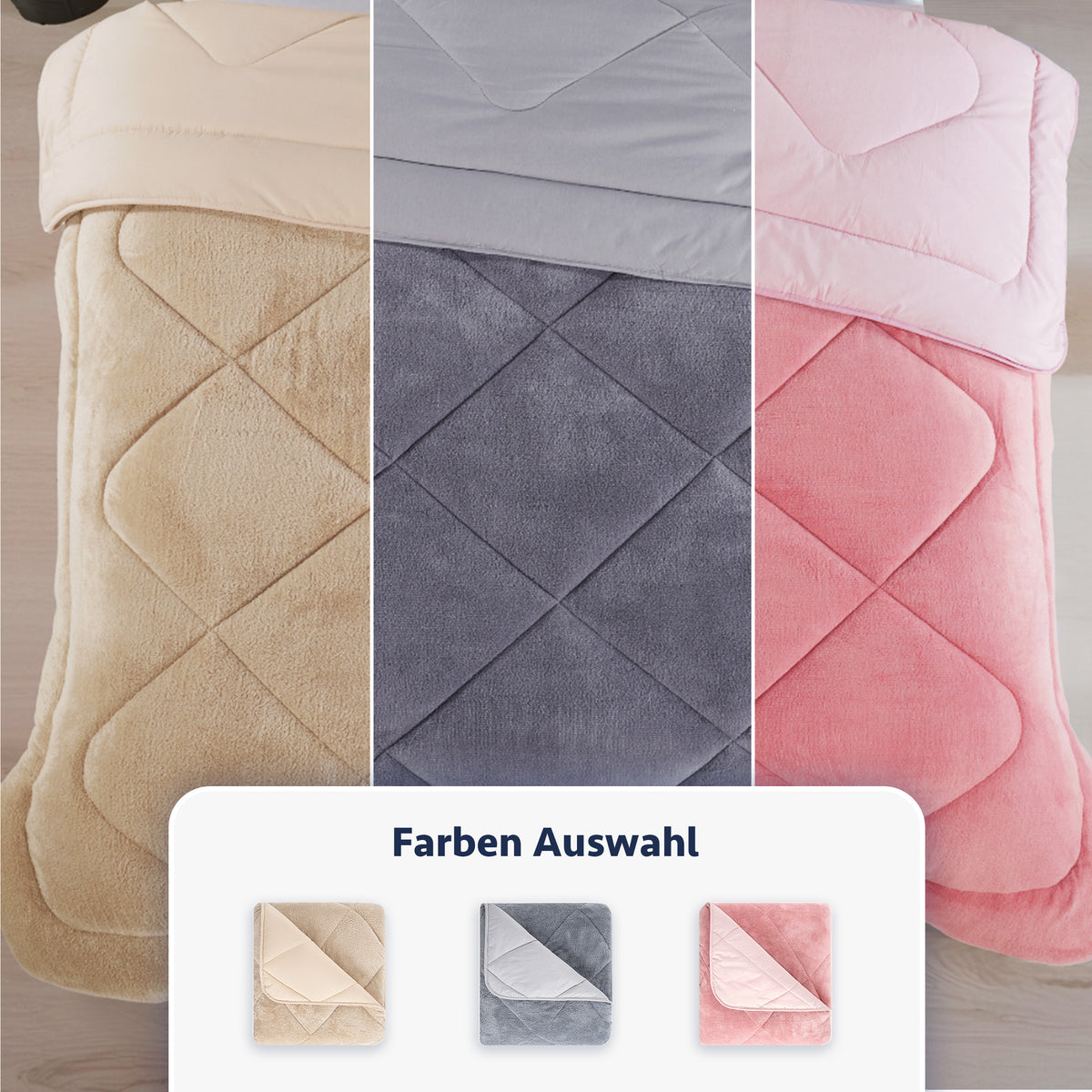 Drei Ansichten einer gesteppten Decke in Beige, Grau und Rosa, mit einer Farbauswahl-Box darunter.