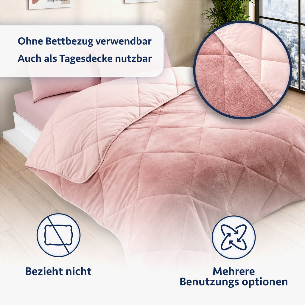 Rosa, gesteppte Wellsoft-Decke auf einem Bett, mit Detailansicht der flauschigen Textur. Beschriftung: Ohne Bettbezug verwendbar.