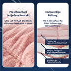 Infografik zeigt die Schichten einer rosafarbenen Decke: superweicher Welsoft-Stoff, Silikonhohlfaserfüllung und Polycotton-Gewebe.