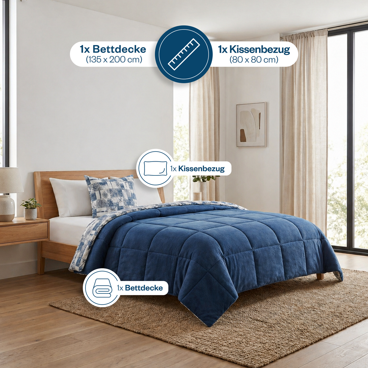 Luxus-Wellsoft-Steppdecken-Set mit Kissenbezug, doppelseitig, in Blau