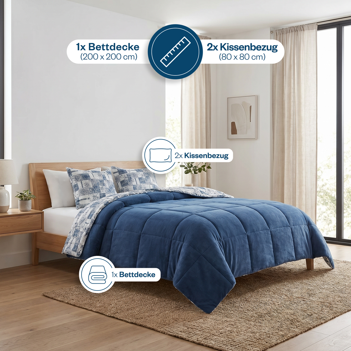 Luxus-Wellsoft-Steppdecken-Set mit Kissenbezug, doppelseitig, in Blau